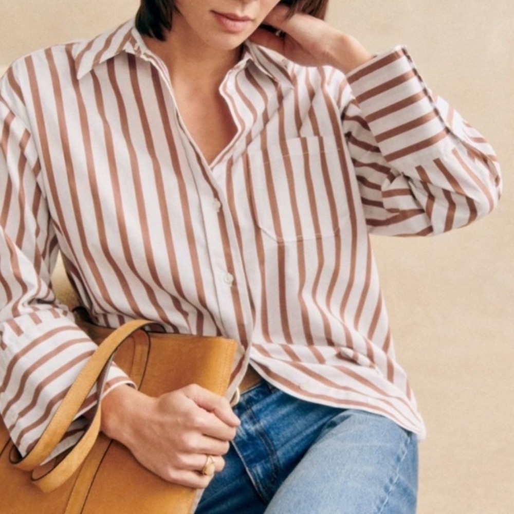 Sezane Bilma Shirt Womens 16 Organic Cotton Camel White Striped Button Down